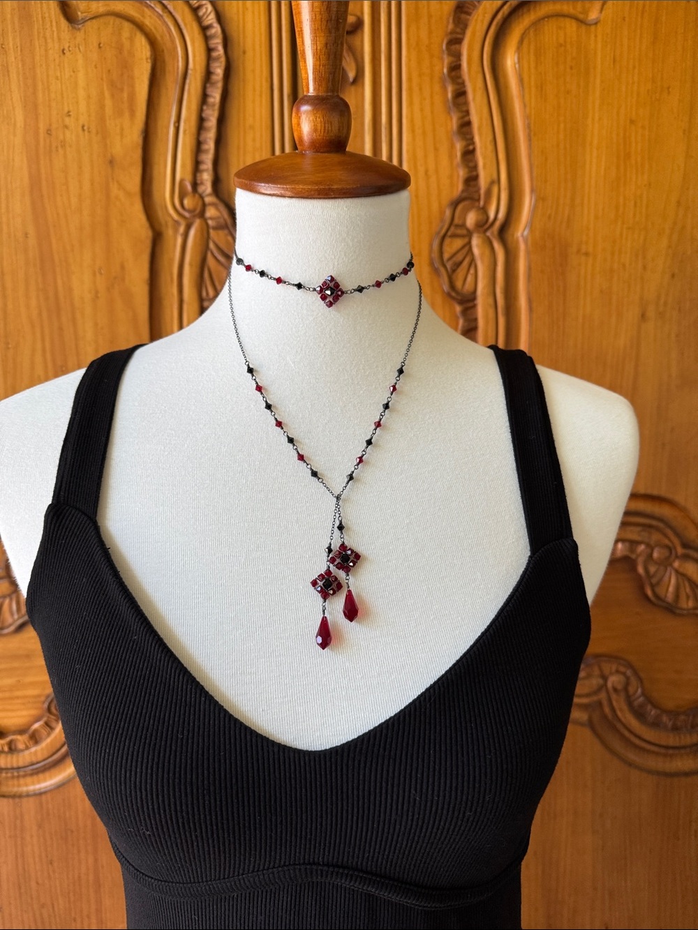 Elegant Double-Layer Red Swarovski Crystal lariat Necklace & Earrings